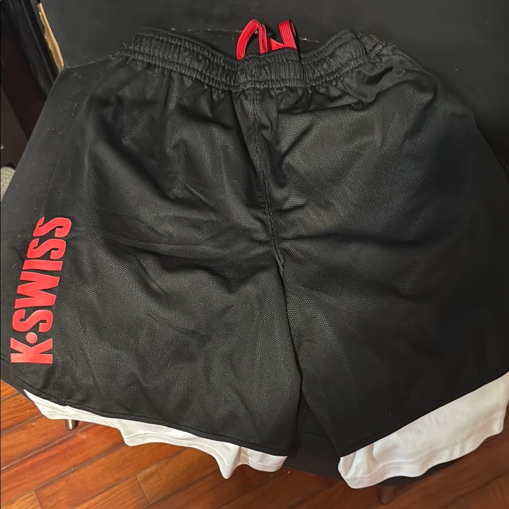 K-Swiss Black and White Shorts with Red Logo